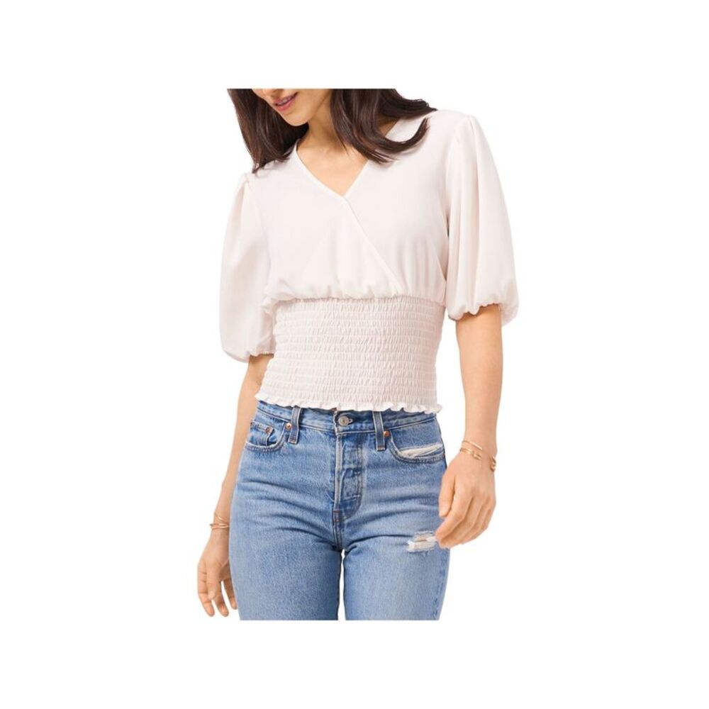 1. STATE Womens Ivory Stretch Smocked Pouf Sleeve Surplice Neckline Top S